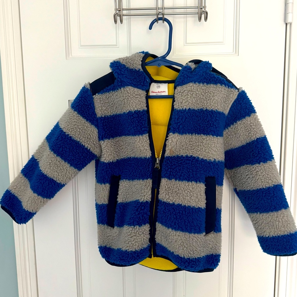 4T Hanna Andersson Blue & gray yellow fleece striped jacket hooded coat todder